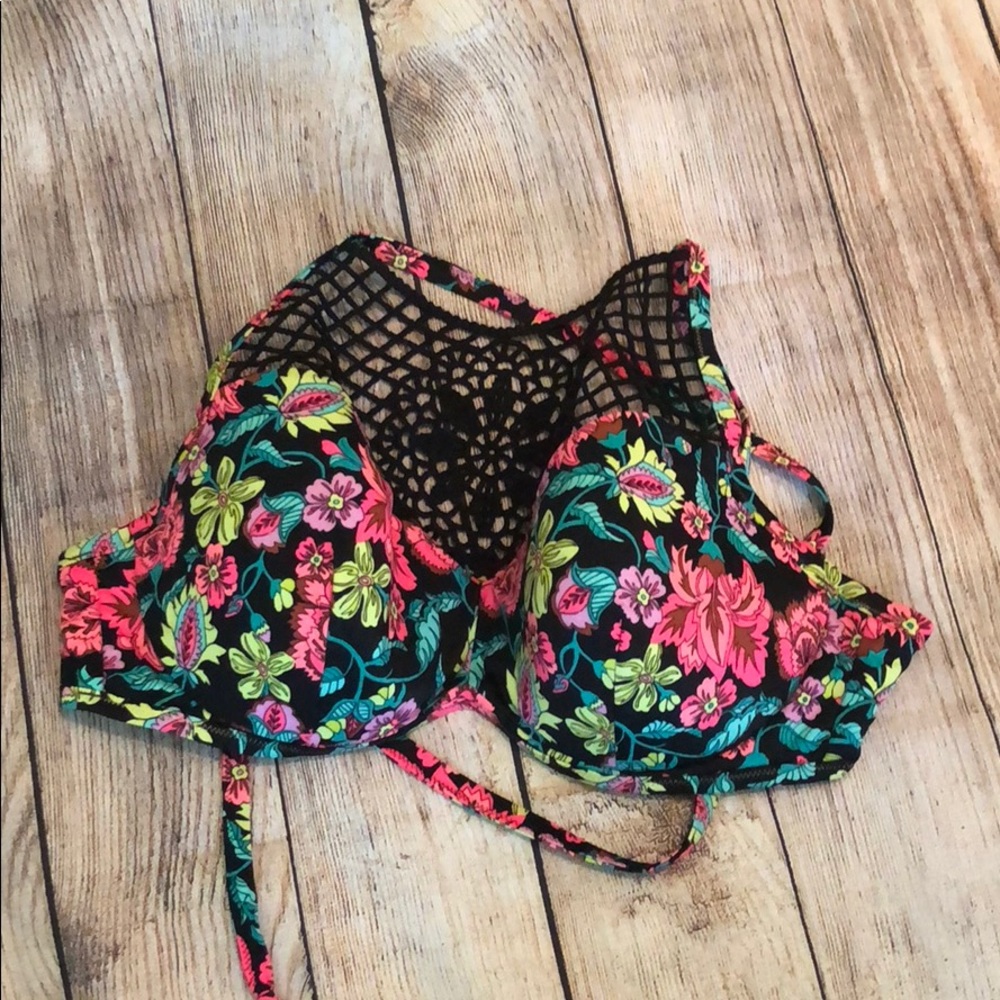 Floral bathing suit top with cross tie back